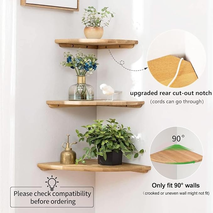 Corner Shelf, Solid Oak Wood Floating Corner Shelf Wall Mount Round End Floating Speaker Shelves with Wire Hole for Small Plant Photo Frame for Bedroom Kitchen, Living Room (Oak, 7.1in)