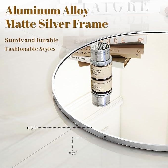 VooBang Large Silver Round Bathroom Mirror, 48 inch Circle Wall Mounted Hanging Mirror with Simple Modern Circular Metal Frame for Hallway, Entryway, Living Room, Silver Frame
