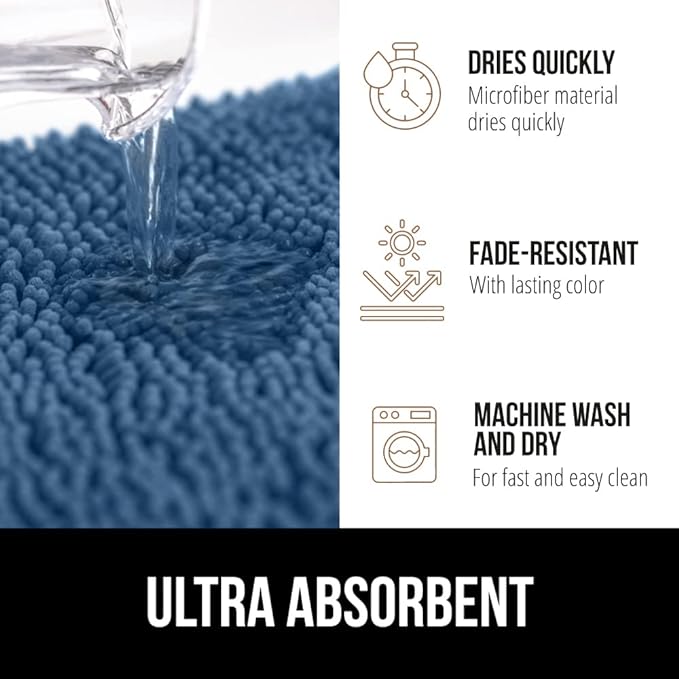 GORILLA GRIP Bath Rug Mat, Thick Soft Absorbent Chenille, Quick Dry Microfiber Mats, Rubber Backing Washable Shower Floor Rugs, US Designed Bathroom Bathmat Home Decor Accessories, 24x17, Blue