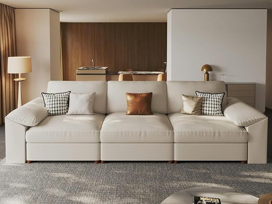 EASE MOOSE 3 Seater Deep Seat Sectional Sofa,Scratch Resistant Faux Leather Material, Oversized Modular Couch,Modern Comfy Sofas for Small Spaces, Beige
