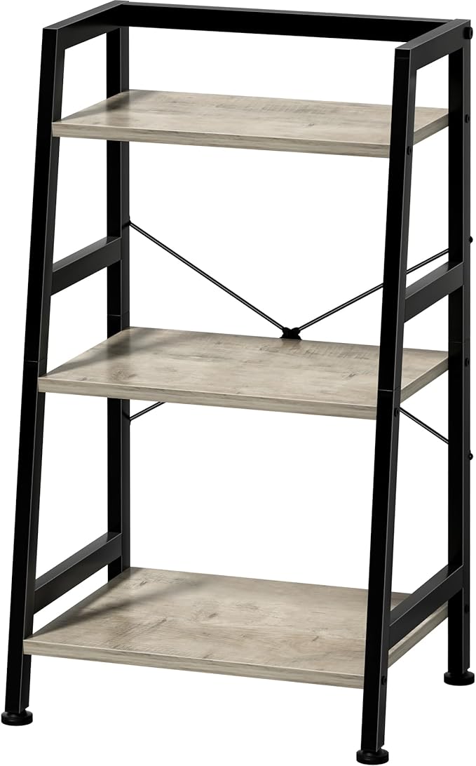 3-Tier Bookshelf, Ladder Shelf, Stand up Shelves, Industrial Bookcase with Steel Frame, Metal Small Bookcase, for Living Room, Home Office, Kitchen, Bedroom, Industrial Style（Greige & Black）