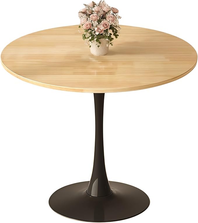 23.6 Inch Tulip Dining Table, Mid-Century Natural Wood Round Kitchen Table with MDF Tabletop and Pedestal Base, Modern Leisure Table for Small Space Kitchen Dining Room