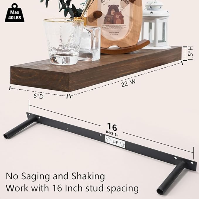 Wood Floating Shelves for Wall Set of 3, 22 Inch Rustic Floating Shelf Wall Mount, Solid Wooden Bathroom Floating Shelves for Kitchen, Bedroom, Living Room - Dark Walnut