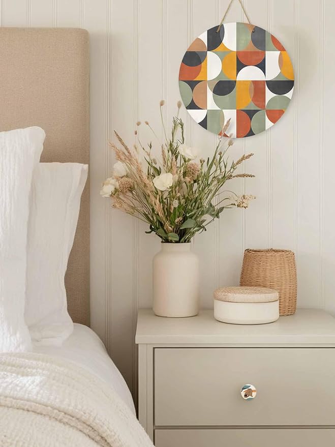 Welcome Sign for Front Door Mid Century Geometric Wood Door Hanger for Outdoor Outside Porch,12 Inch Round Wooden Wreath Indoor Wall Hanging Decoration, Abstract Modern Retro
