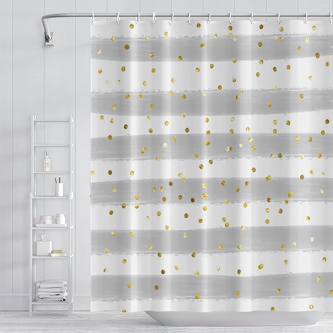 Grey and White Stripes Shower Curtain for Bathroom Abstract Lines Gold Spots Shower Curtain Waterproof Polyester Fabric Modern Art Aesthetics Home Decor Bath Curtain with Hooks, 48x72 Inch