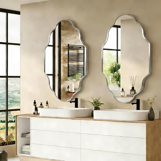 Silver Scalloped Bathroom Mirror, Irregular Wall Mirror with Brushed Metal Frame, HD Glass Decorative Mirror for Wall Decor, Vanity Mirror for Bathroom, Bedroom & Entryway (24" x 36", 2 Pack)