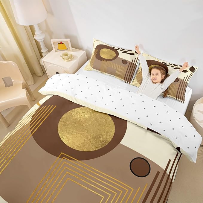 Erosebridal Mid Century Modern Queen Comforter Cover Brown Abstract Boho Duvet Cover Minimalist Aesthetic Neutral Bed Set Botanical Leaves Simple Bedding Set