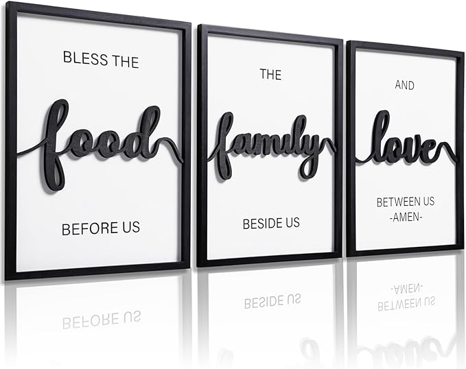 KIOSSUT 3D Wood Bless The Food Before Us Wall Decor, 48" x 24" Framed Kitchen Wall Art for Dining Room Wall Decor(Ready to Hang, 16x24 inches, Set of 3, Framed)
