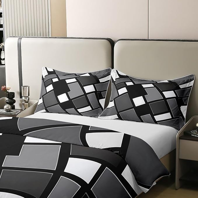 Erosebridal Black Gray Geometric 100% Cotton Duvet Cover King Plaid Abstract Art Bedding Set for Kids Teens Adults Black Checkered Striped Comforter Cover Grids Modern Artistic Bed Set 3 Pcs