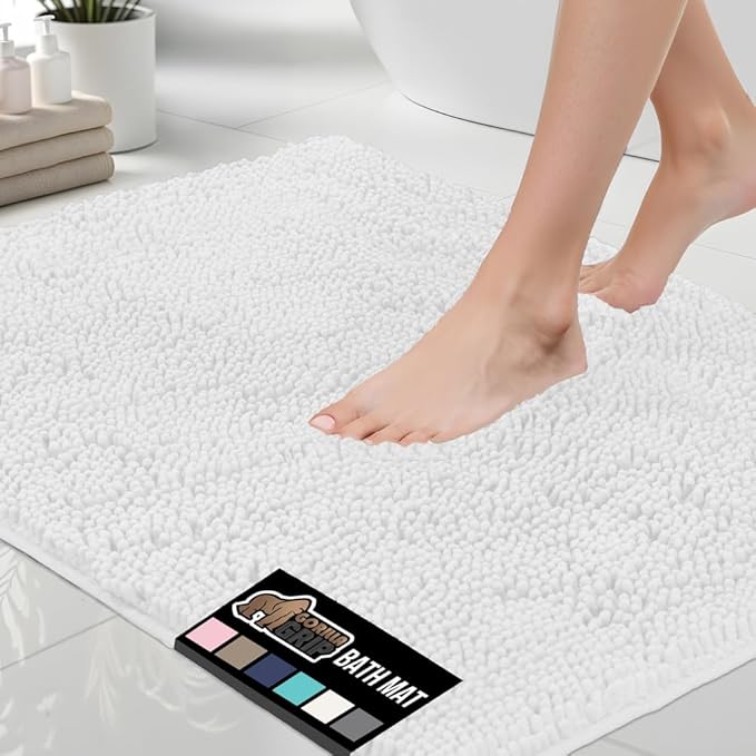 GORILLA GRIP Bath Rug Mat 54x24, Thick Soft Absorbent Chenille, Quick Dry Microfiber Mats, Rubber Backing Washable Shower Floor Rugs, Bathmat Runner, US Designed Bathroom Home Decor Accessories White