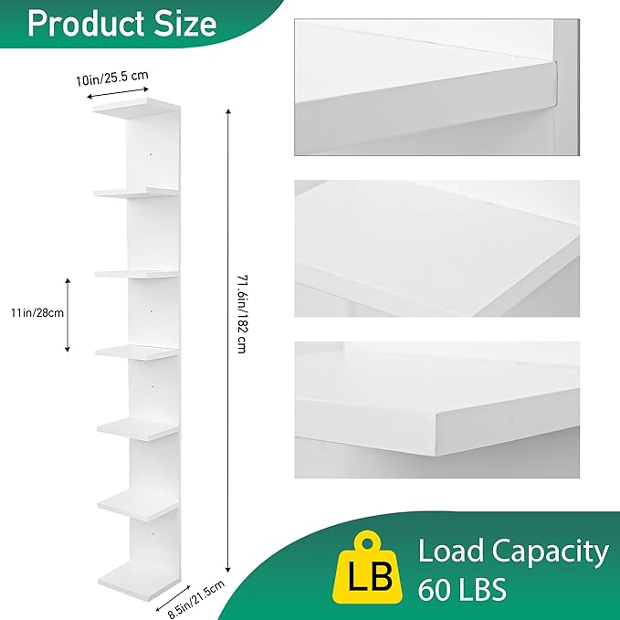 7 Tier Wall Shelf Unit,Vertical Column Floating Storage Home Decor Organizer,White Lack Wall Shelf for Bedroom,Living Room,Office Decor(2 Pack)