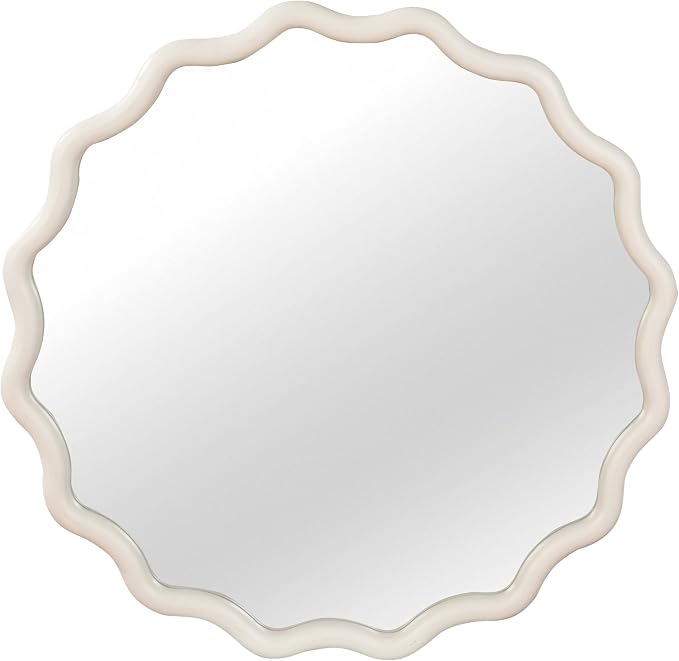 30 Inch Wooden Wavy Round Wall Mirror, Modern Solid Wood Frame Circle Decorative Accent Mirror for Bedroom, Bathroom, Living Room, Entryway, White