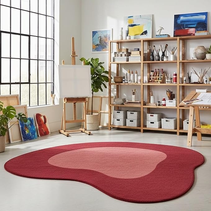 Modern Abstract Shaped Rug 6ft Burgundy Red Irregular Area Rug for Diningroom Living Room Bedroom Office Non Shedding Washable Indoor Carpet Stain Resistant Anti Slip Under Dining Table Floor Cover