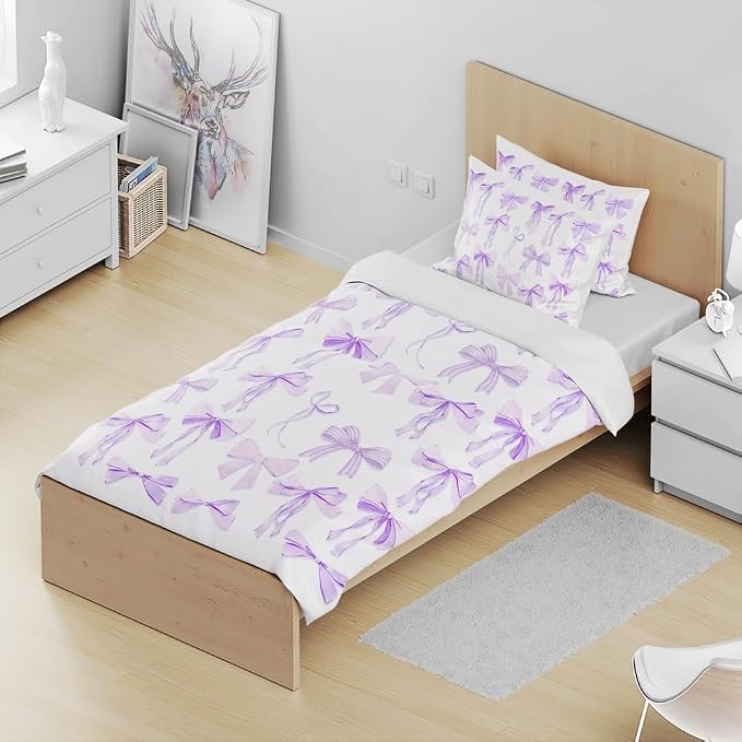 Trendy Purple Bow Duvet Cover Twin Size Girls Coquette Bedding Set Graceful Style Light Purple Bowknot Bed Cover,Kids Girls Super Soft Bedding Set Funky Preppy Girly Room Decor 68"x88"