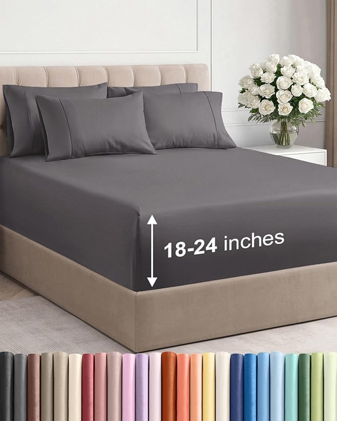 Extra Deep Cal King Sheet Set - 6 Piece Breathable and Cooling Sheets - Hotel Luxury Bedding for Women, Men, Kids & Teens - Easy & Secure Fit - Soft, Wrinkle Free and Comfy - Extra Deep Pockets - Grey
