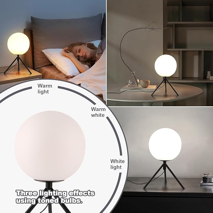 Modern Black Globe Table Lamp, Mid Century Small Bedside Lamp, Opal Glass Ball Lamp with Metal Tripod Base, Cute Nightstand Lamp Minimalist Desk Lamp for Bedrooom Living Room Office Study