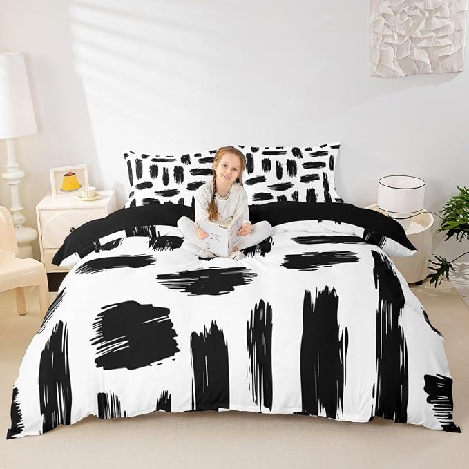 Erosebridal Geometric Stripes Duvet Cover King Bohemian Exotic Abstract Striped Bedding Set for Kids Teens | Black White Ink Brushed Quilt Cover Lines Bed Set with 2 Pillow Cases