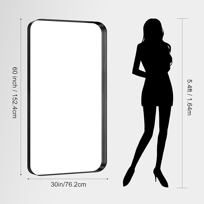 CIRCUMI Black Bathroom Mirror, 30"x60" Rectangular Mirror with Deep Metal Frame, Rounded Corner, Tempered Glass, Large Mirror for Wall, Over 2 Sinks, Installed Vertically/Horizontally, Crystal-Clear