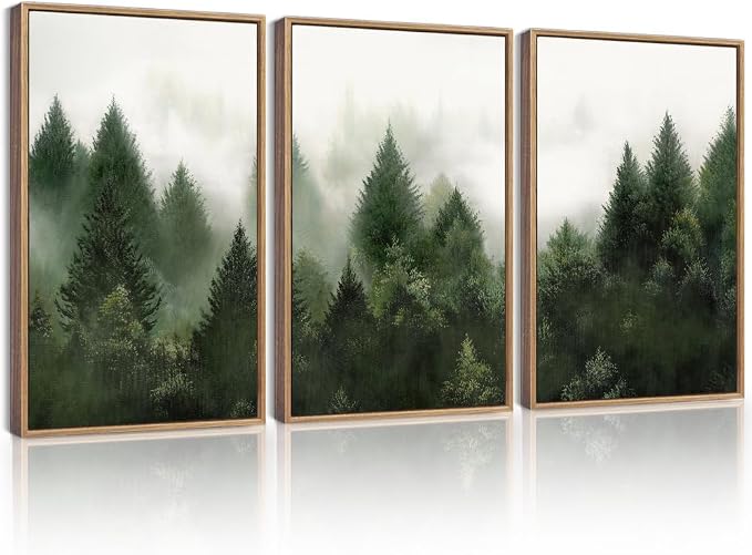 KUVIOKE Morden Green Fog Pine Tree Framed Canvas Wall Art Nature Nordic Forests Artwork Painting Bedroom Decor 16x24in (Natural Framed)