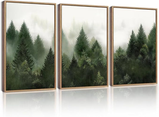 KUVIOKE Morden Green Fog Pine Tree Framed Canvas Wall Art Nature Nordic Forests Artwork Painting Bedroom Decor 16x24in (Natural Framed)