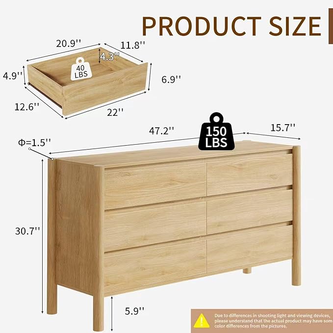 CHUWELL Dresser for Bedroom, 47" Wide Mid Century Modern Chest of Drawers with 6 Large Storage Space and 4 Solid Wood Cylindrical Legs, 6 Drawer Large Dresser for Bedroom(Oak)