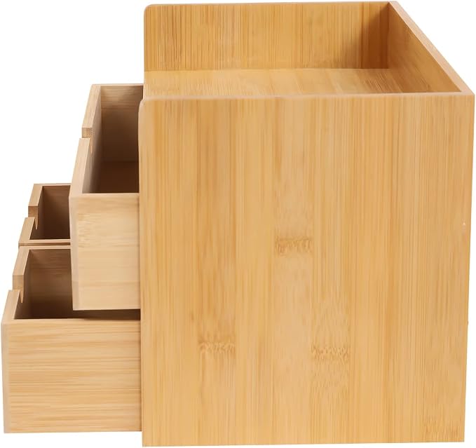 Bamboo Desk Organizer Small Retro Bamboo Tabletop Storage Box with Drawers& Recess Handles for Office Home Supplies Table Storage Collector 12 * 7.87 * 8.27in (3 Drawers/1 Top&2 Bottom)
