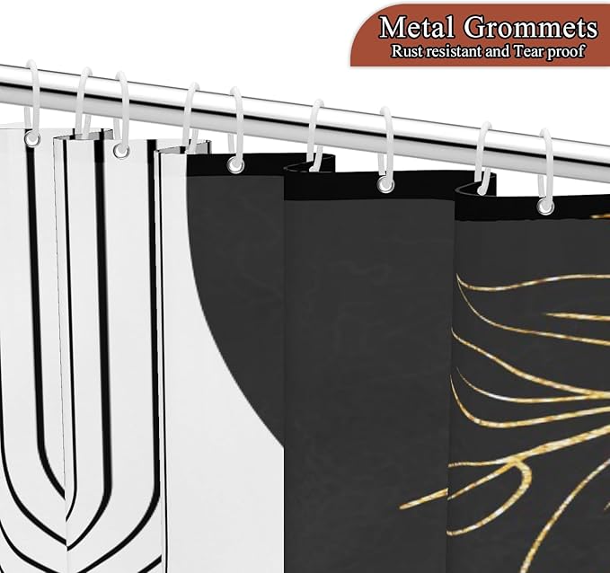 Mid Century Boho Shower Curtain, Abstract Modern Sun Minimalist Aesthetic Shower Curtain, Bohemian Geometric Arch Curve Leaves Neutral Art Fabric Bathroom Curtains Black 72x78 inch
