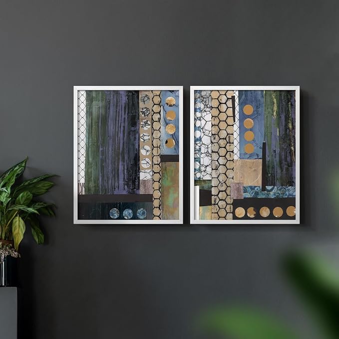 Renditions Gallery Set of 2 Peel & Stick Framed Prints, Geometric Abstract Wall Art, Hexagonal and Circular Pattern Wall Decor, Re-Stickable - Ready to Hang - 8"x10" - White Frame LT588