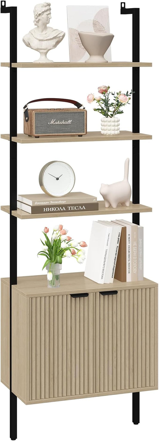Yusong 73" Tall Bookshelf with Cabinet, Industrial Ladder Wall Mount Shelf Bookcase with Wood and Metal Frame, Plant Shelf Wall Storage Display for Living Room Bedroom, Wavy Light Ivory