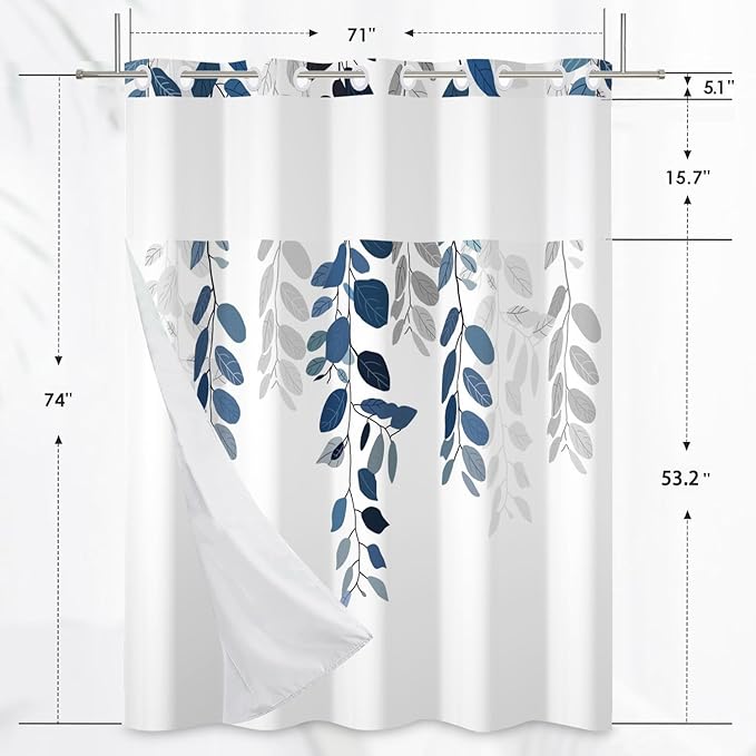 No Hook Eucalyptus Shower Curtain with Snap in Liner Blue Leaves Plant Shower Curtain with Liner Double Layers Hotel Fabric Washable 71x74 Inch