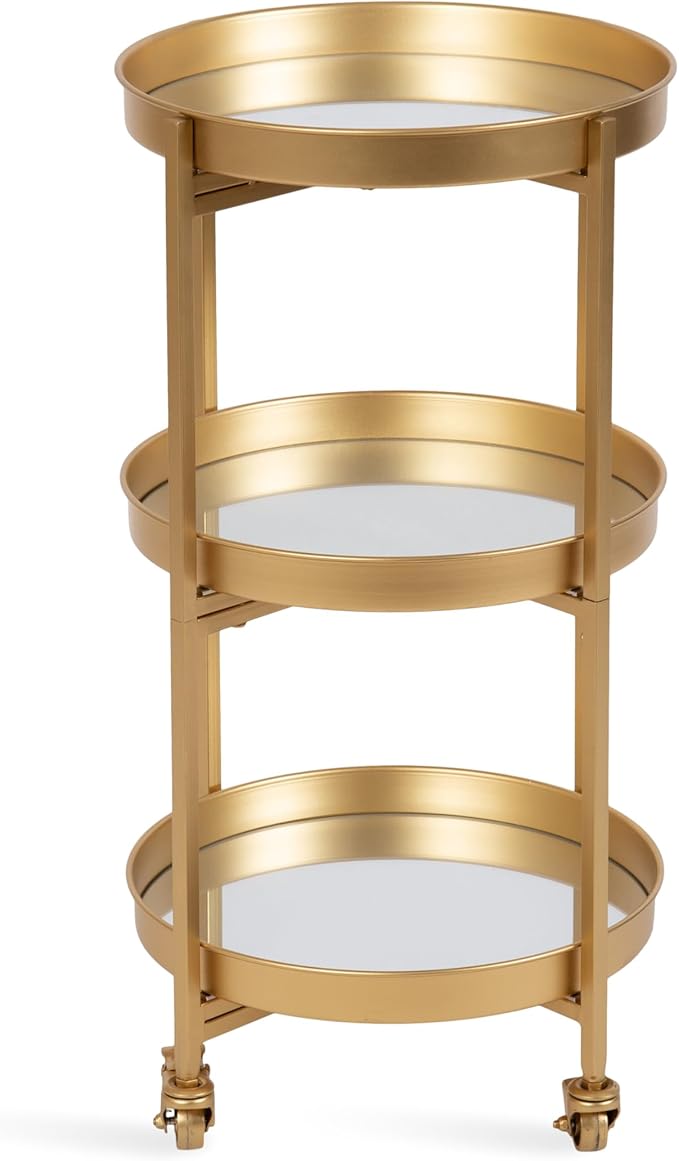 Kate and Laurel Celia Modern 3-Tier Bar Cart, 16 x 16 x 29, Gold, Decorative Round Rolling Serving Cart with Lockable Wheels and Three Tiers of Storage and Display Space
