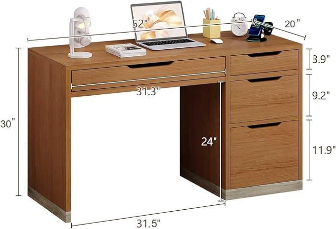 MaverickFurni 52 Inch Desk with 4 Drawers, Small Computer Desk for Small Space, Home Office Desk with Storage File Drawer for Bedroom, Brown