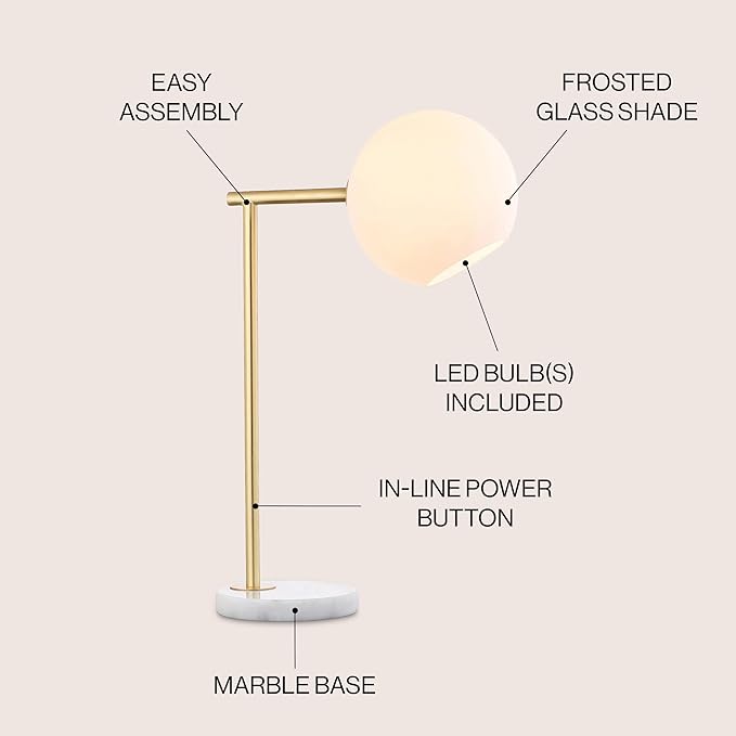 JONATHAN Y JYL1000A 20.5" Modern Gold Table Lamp with White Marble Base and Frosted Glass Globe, Contemporary Bedside Nightstand Lamp for Bedroom, Living Room, Office, LED Bulb Included