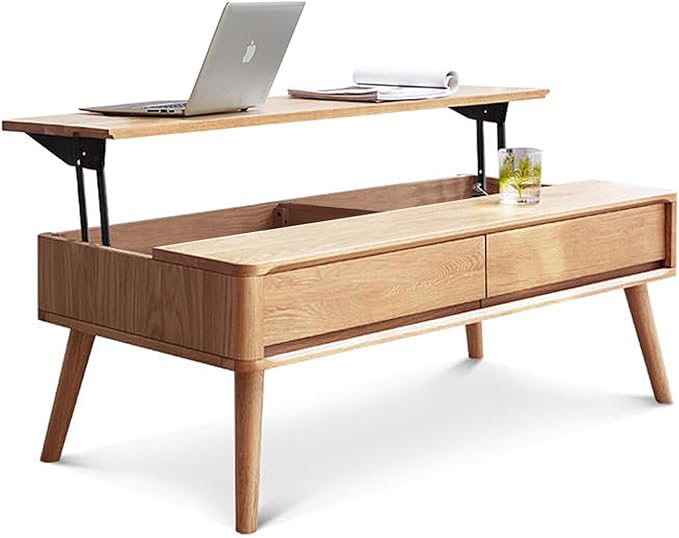 Lift Top Coffee Table with Storage - 100% Solid Oak Wood Lift Coffee Table - 39 Inch Wooden Coffee Table for Living,Dining and Working