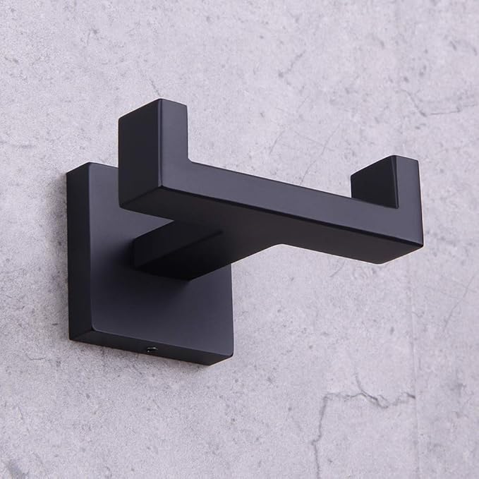GERZWY Bathroom Matte Black Double Coat Hook SUS 304 Stainless Steel Towel/Robe Clothes Hook for Bath Kitchen Modern Hotel Style Wall Mounted AG1407B-BK