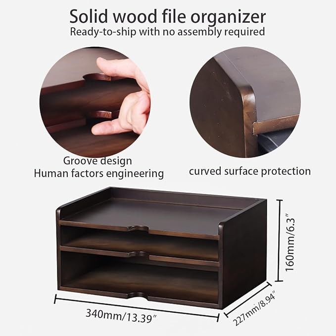 Wooden Desk Organizer with Dark Wood Finish, Stackable Paper Tray & File Holder, Multifunctional Mail Letter Sorter for A4 Documents, File Organizer，Office Supplies Storage for Home Office Study Work