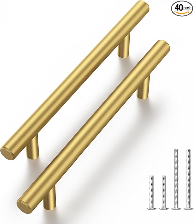 Haliwu 40 Pack Cabinet Handles Brass Gold Cabinet Pulls 3-3/4 Inch Hole Center Drawer Pulls Modern Bar Dresser Handles for Bathroom Kitchen Bedroom