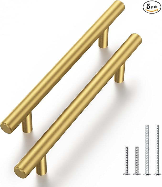 Haliwu 5 Pack Cabinet Handles Brass Gold Cabinet Pulls 3-3/4 Inch Hole Center Drawer Pulls Modern Bar Dresser Handles for Bathroom Kitchen Bedroom