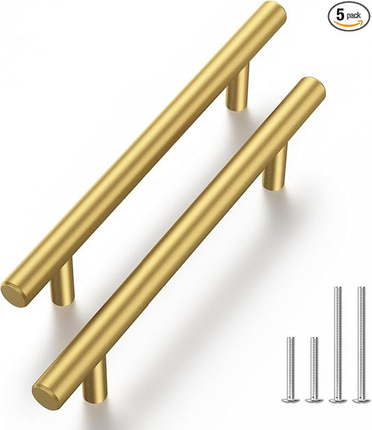 Haliwu 5 Pack Cabinet Handles Brass Gold Cabinet Pulls 3-3/4 Inch Hole Center Drawer Pulls Modern Bar Dresser Handles for Bathroom Kitchen Bedroom