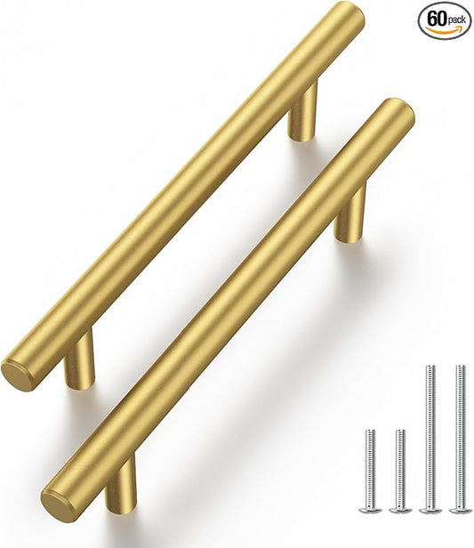 Haliwu 60 Pack Cabinet Handles Brass Gold Cabinet Pulls 3-3/4 Inch Hole Center Drawer Pulls Modern Bar Dresser Handles for Bathroom Kitchen Bedroom