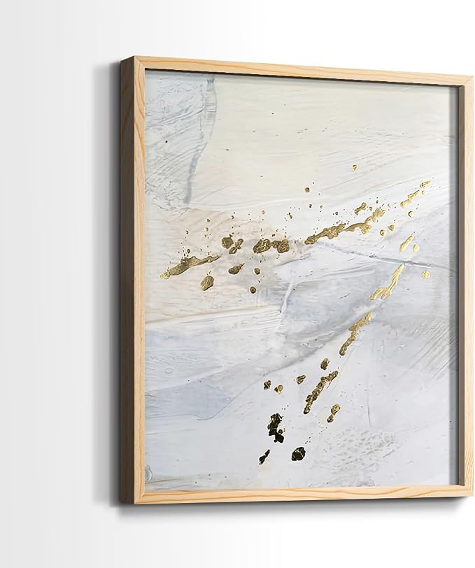 Renditions Gallery Set of 2 Peel & Stick Framed Prints, Modern Abstract Wall Art, Gold Sprinkle Oil Painting Wall Decor, Re-Stickable - Ready to Hang - 22"x28" - NATURAL WOOD Frame LT588