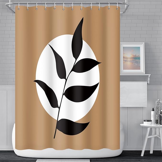 Abstract Bohemian Bathroom Shower Curtain - White Circle Eucalyptus Leaves Boho Tan With Hooks, Waterproof Polyester for Modern Aesthetics Home Decor, 65x72 Inch