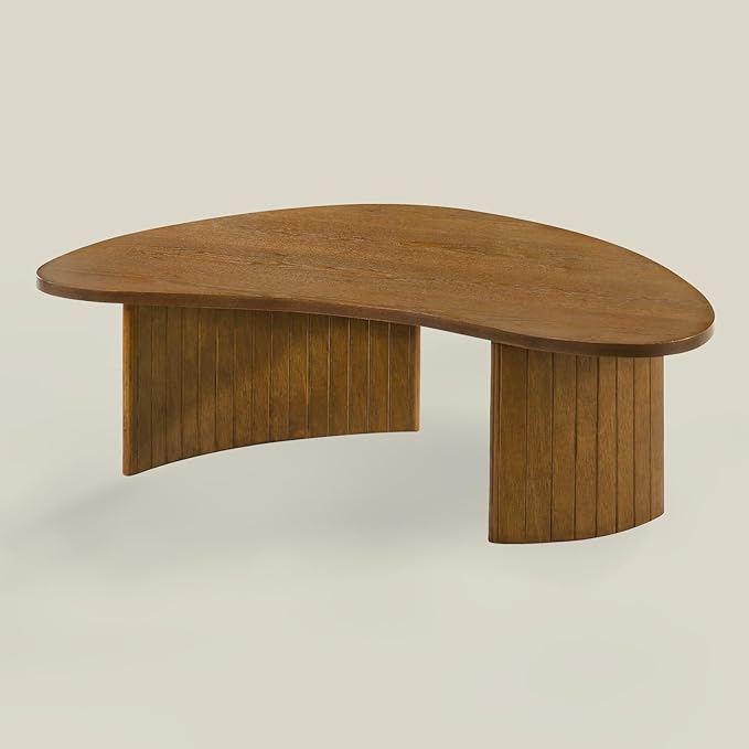 35.5 Inch Mid Century Modern Walnut Small Coffee Table for Small Spaces, Sturdy Wood Center Table with Irregular Mango Top and Fluted Legs for Living Room, Apartment