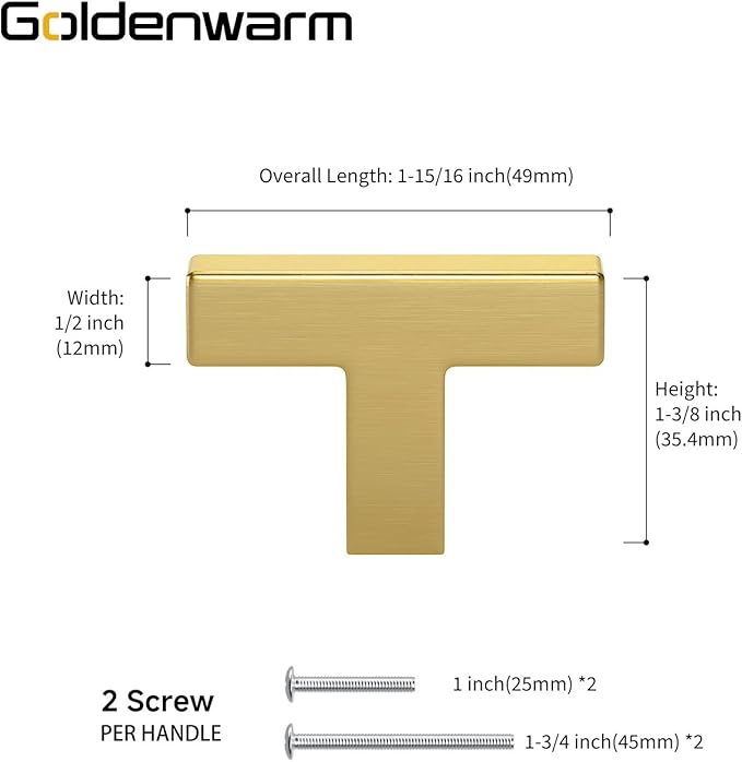 Goldenwarm Brushed Brass Cabinet Pull Knobs Kitchen Hardware - LSJ12GD Modern Gold Drawer Knobs Square Single Hole Bathroom Cabinet Pulls Dresser Handles 1 Pack