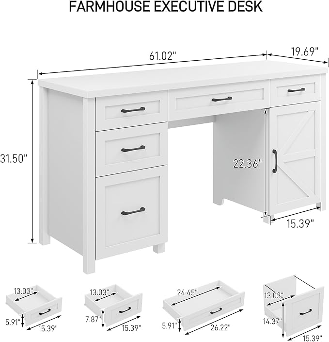 Vabches Farmhouse 61'' Executive Desk with 5 Drawers, Rustic Office Desk Computer Table with File Drawers and Storage Cabinet, Wood Workstation for Study and Home Office,(Cream White)