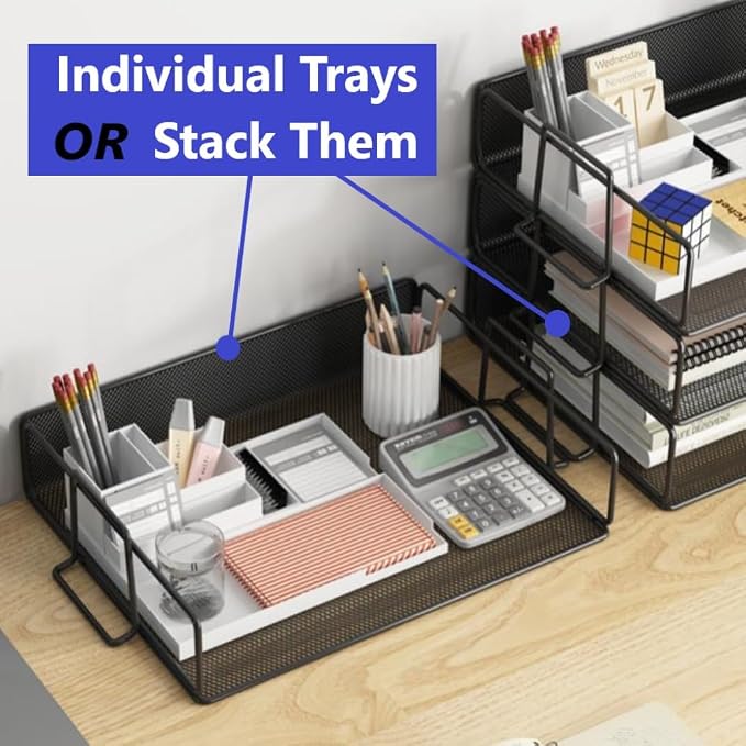 2 Tier Stackable Letter Tray Paper Holder Desk Organizer for Home Office School, Black