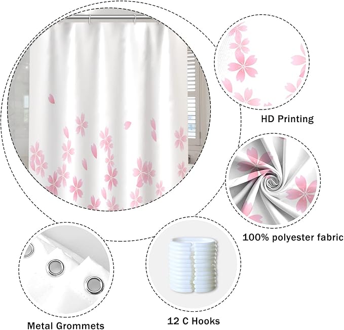Pink Floral Bathroom Shower Curtain Cherry Blossom Dreamy Flowers Petal Shower with Hooks Polyester Waterproof Fabric Girly Home Decorative Bathtub, 72x84 Inch