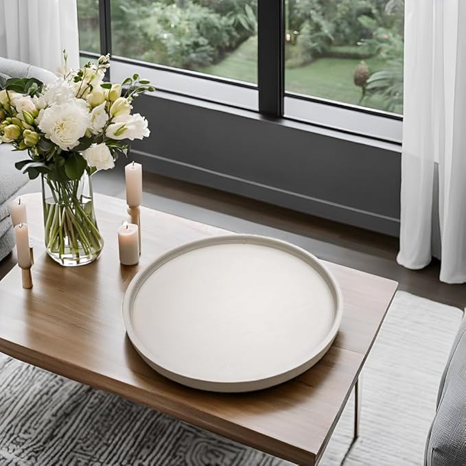 20 x 20 inches High-end Luxury Leather Round Oversized Service Tray, Ottoman & Coffee Tray for Family Dinner, Out-of-House Picnic, Party Essential (20 inch Beige)