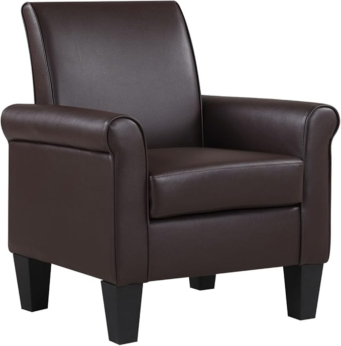 Pu Leather Accent Chair Set of 2, Overstuffed Mid Century Modern Living Room Chairs Upholstered Comfortable Reading Chair Fake Leather Armchair for Bedroom, Office -Brown