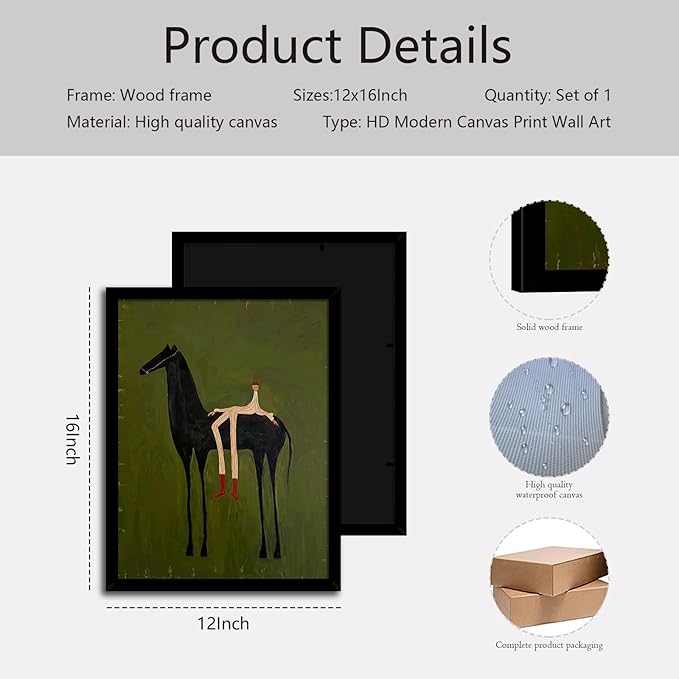 Abstract Horse Wall Art with Wooden Frame – Vintage Surreal Horse and Figure Painting, Olive Green Textured Minimalist Artwork, Retro Modern Framed Wall Decor Print 12×16 Inch